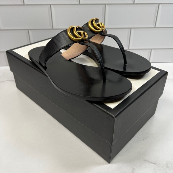 Gucci GG Marmont Gold Double Leather Thong Flat Sandal Sandals